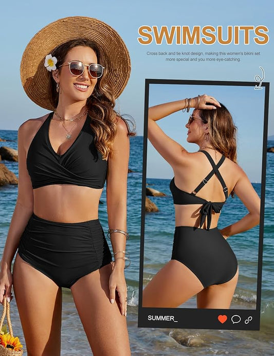 LVWQ Womens Swimsuits High Waisted Sets Tummy Control Bathing Suits Two Piece Swimwear