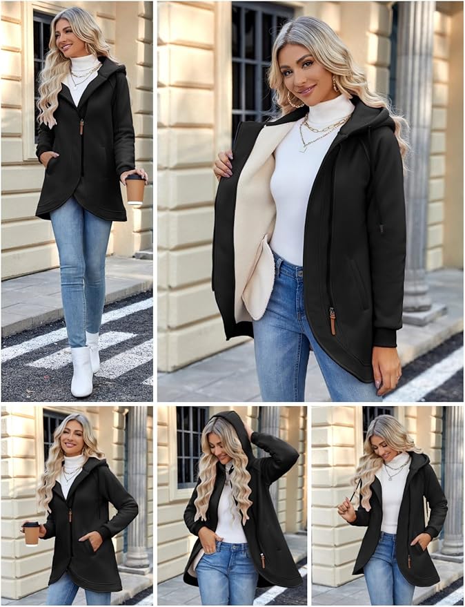 LVWQ Women’s Zip Up Fleece Hoodie Jacket – Oblique Zipper Sweatshirt Coat, Warm Casual Hooded Outerwear