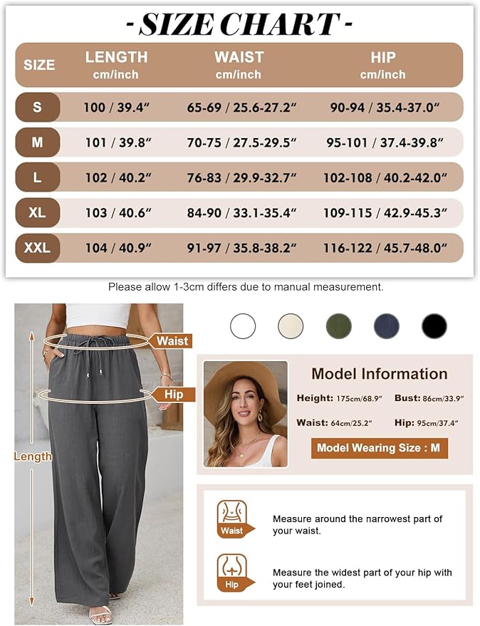 LVWQ Women’s Linen Pants – Summer Wide Leg Palazzo Trousers, Lightweight Casual Beach Pants for Daily Wear