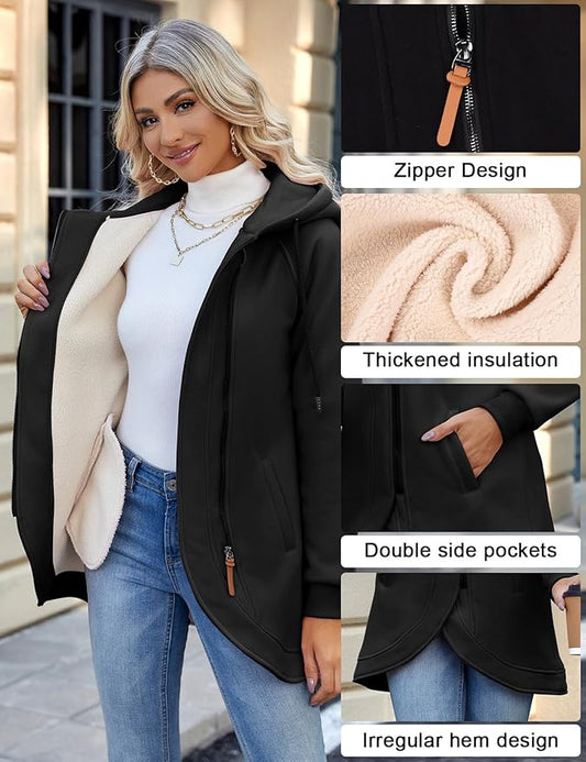 LVWQ Women’s Zip Up Fleece Hoodie Jacket – Oblique Zipper Sweatshirt Coat, Warm Casual Hooded Outerwear