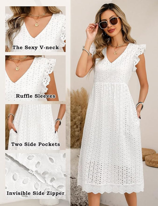 VWQ Summer Dresses for Women – Sleeveless V-Neck Midi Dress, Casual Lightweight Sundress for Beach and Daily Wear