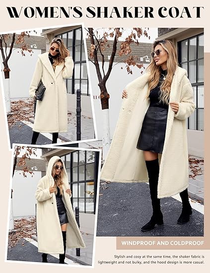 LVWQ Women Winter Fuzzy Fleece Lapel Coats Long Cardigan Fluffy Hooded Jackets