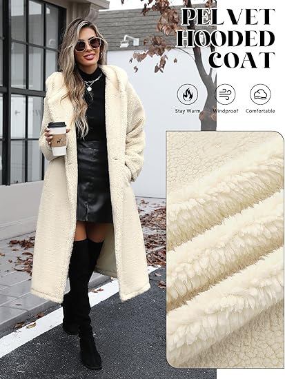 LVWQ Women Winter Fuzzy Fleece Lapel Coats Long Cardigan Fluffy Hooded Jackets