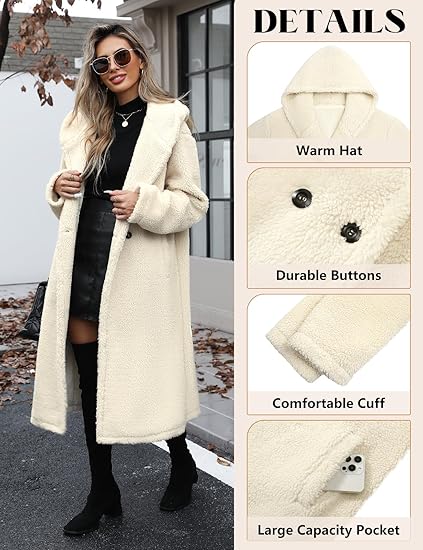 LVWQ Women Winter Fuzzy Fleece Lapel Coats Long Cardigan Fluffy Hooded Jackets