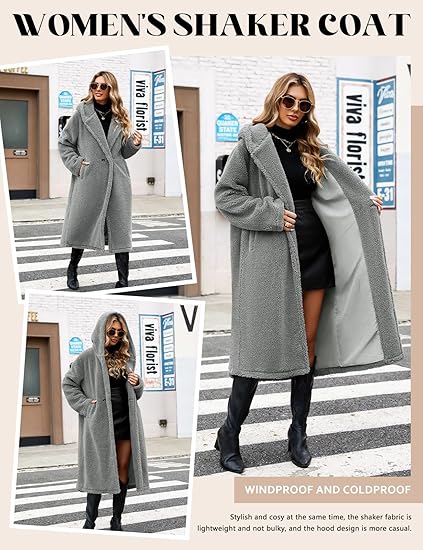 LVWQ Women’s Winter Fuzzy Fleece Coat – Long Lapel Cardigan Jacket with Hood, Warm Fluffy Outerwear for Cold Weather