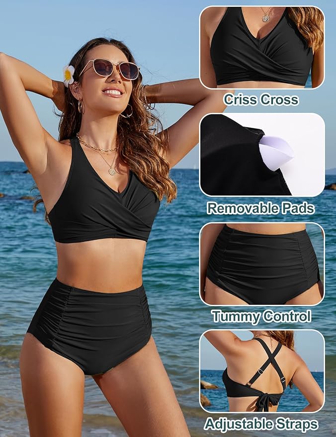 LVWQ Womens Swimsuits High Waisted Sets Tummy Control Bathing Suits Two Piece Swimwear