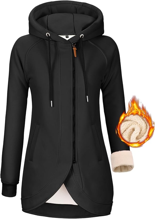 LVWQ Women’s Zip Up Fleece Hoodie Jacket – Oblique Zipper Sweatshirt Coat, Warm Casual Hooded Outerwear