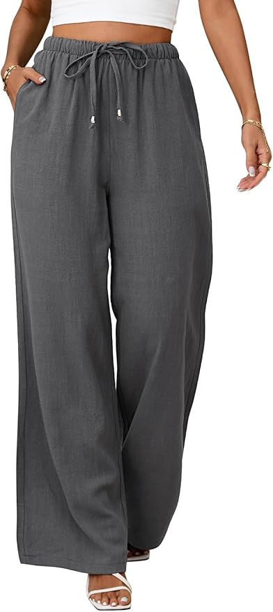 LVWQ Women’s Linen Pants – Summer Wide Leg Palazzo Trousers, Lightweight Casual Beach Pants for Daily Wear