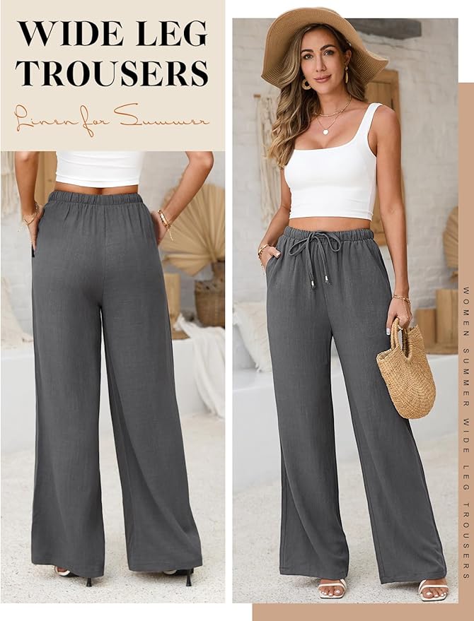 LVWQ Women’s Linen Pants – Summer Wide Leg Palazzo Trousers, Lightweight Casual Beach Pants for Daily Wear