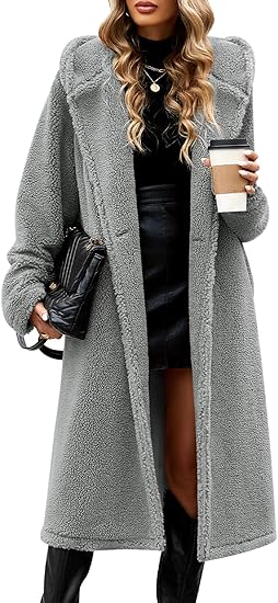 LVWQ Women’s Winter Fuzzy Fleece Coat – Long Lapel Cardigan Jacket with Hood, Warm Fluffy Outerwear for Cold Weather