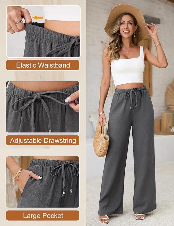 LVWQ Women’s Linen Pants – Summer Wide Leg Palazzo Trousers, Lightweight Casual Beach Pants for Daily Wear