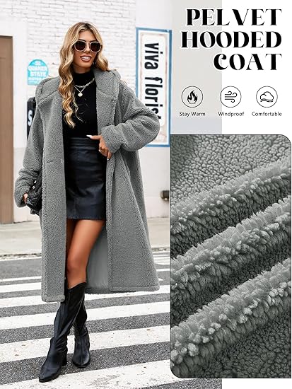 LVWQ Women’s Winter Fuzzy Fleece Coat – Long Lapel Cardigan Jacket with Hood, Warm Fluffy Outerwear for Cold Weather