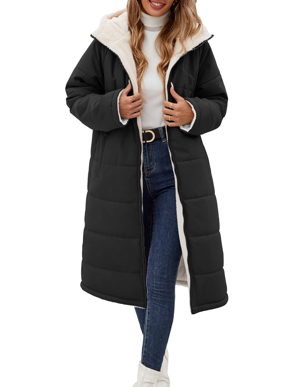 LVWQ Women’s Long Reversible Puffer Coat Sherpa Fleece Lined Hooded Winter Parka Quilted Warm Windproof Long Winter Coat