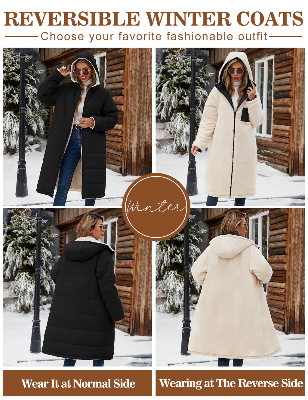LVWQ Women’s Long Reversible Puffer Coat Sherpa Fleece Lined Hooded Winter Parka Quilted Warm Windproof Long Winter Coat