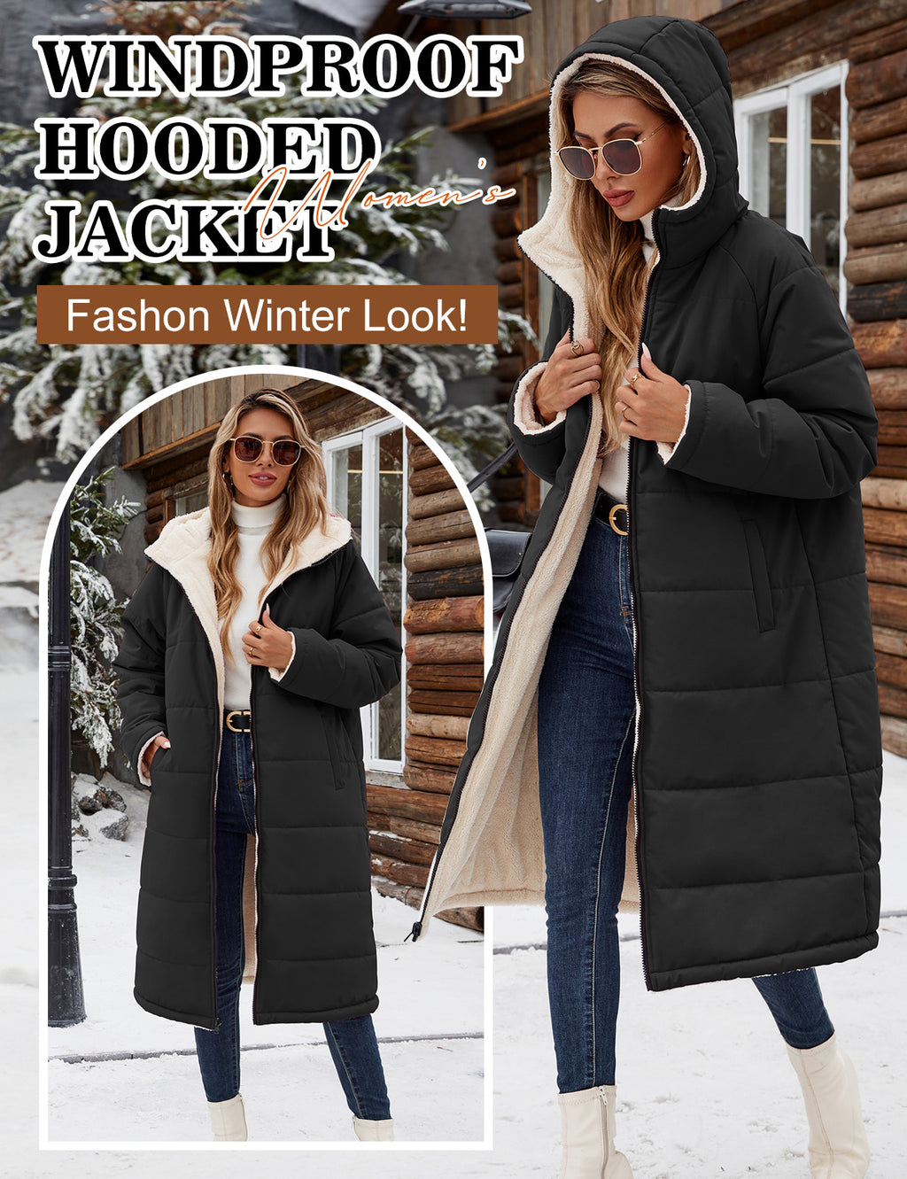 LVWQ Women’s Long Reversible Puffer Coat Sherpa Fleece Lined Hooded Winter Parka Quilted Warm Windproof Long Winter Coat