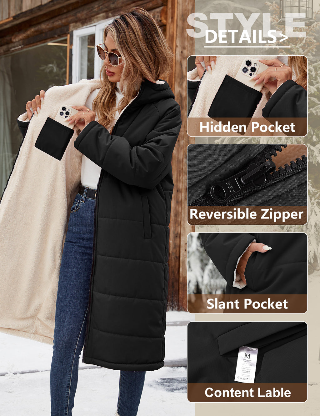LVWQ Women’s Long Reversible Puffer Coat Sherpa Fleece Lined Hooded Winter Parka Quilted Warm Windproof Long Winter Coat