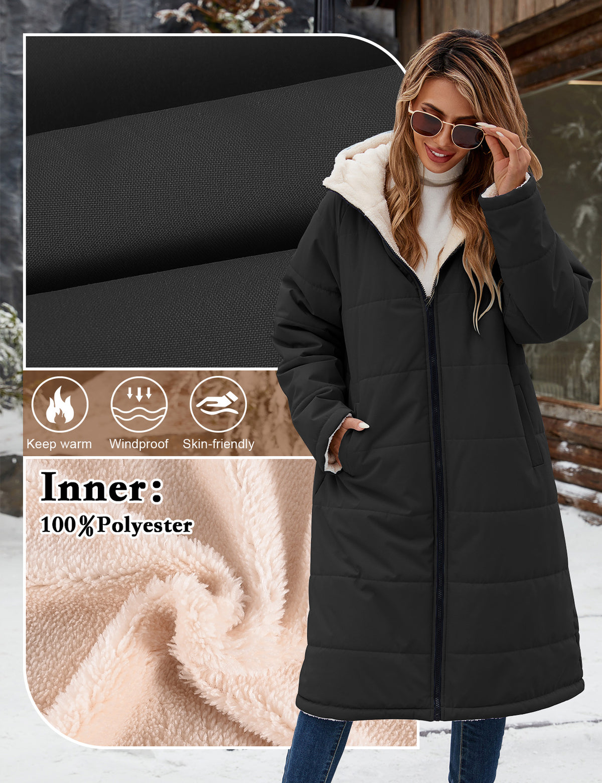 LVWQ Women’s Long Reversible Puffer Coat Sherpa Fleece Lined Hooded Winter Parka Quilted Warm Windproof Long Winter Coat