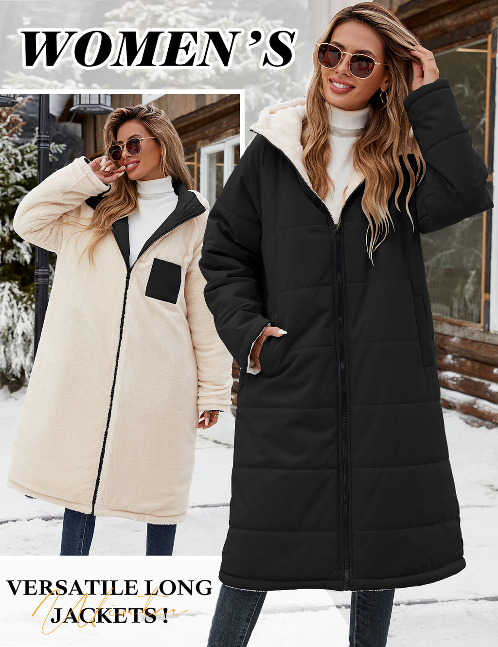 LVWQ Women’s Long Reversible Puffer Coat Sherpa Fleece Lined Hooded Winter Parka Quilted Warm Windproof Long Winter Coat