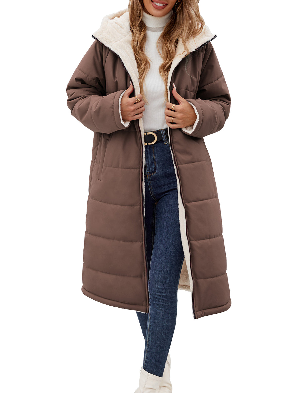 LVWQ Women’s Long Reversible Puffer Coat Sherpa Fleece Lined Hooded Winter Parka Quilted Warm Windproof Long Winter Coat