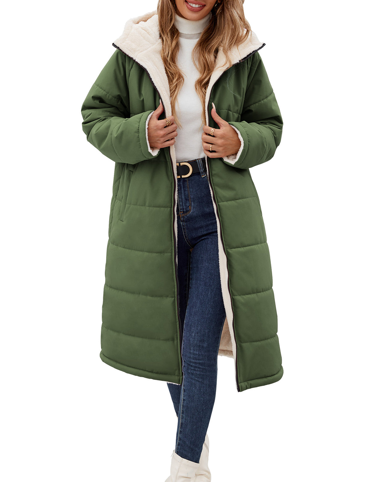 LVWQ Women’s Long Reversible Puffer Coat Sherpa Fleece Lined Hooded Winter Parka Quilted Warm Windproof Long Winter Coat