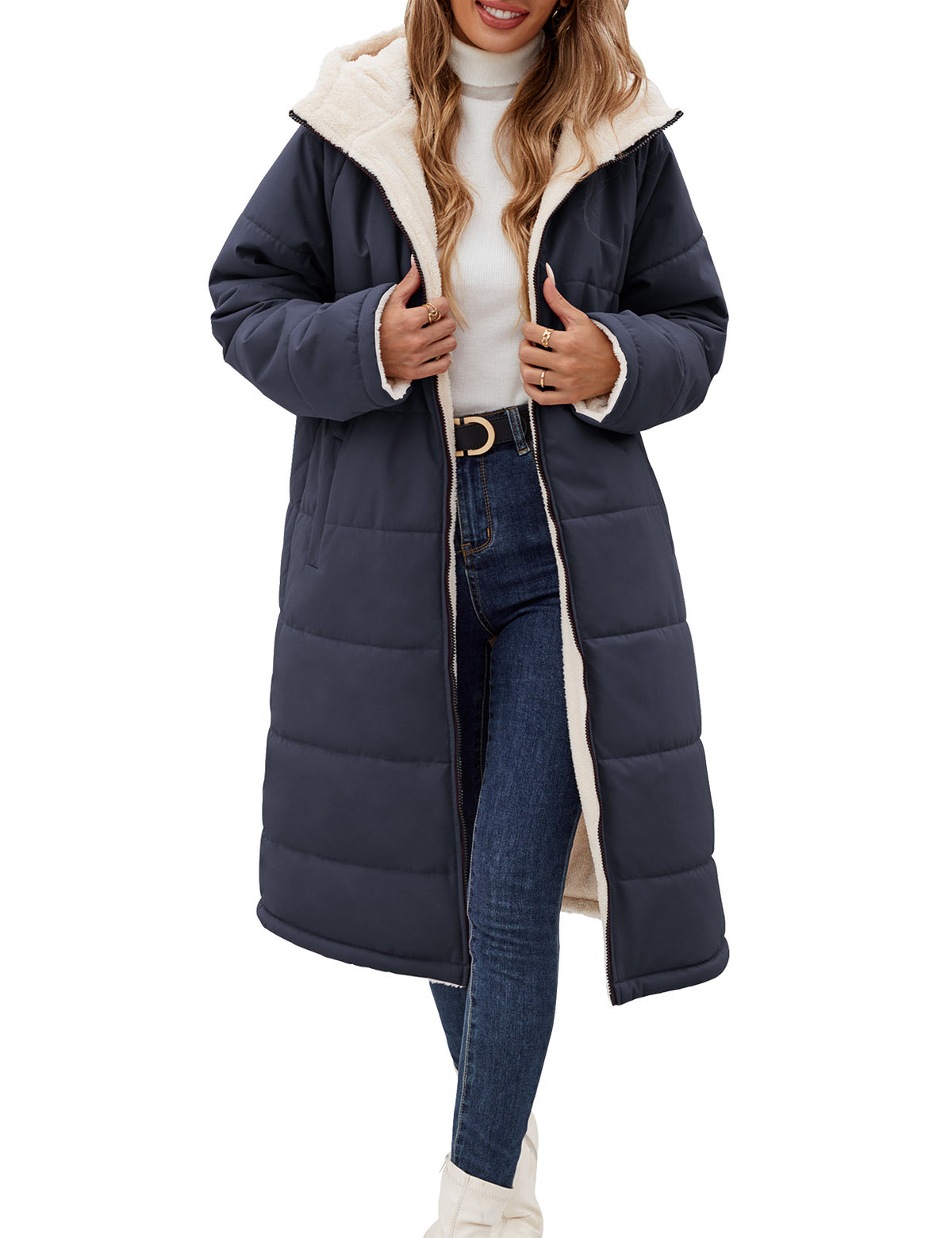 LVWQ Women’s Long Reversible Puffer Coat Sherpa Fleece Lined Hooded Winter Parka Quilted Warm Windproof Long Winter Coat