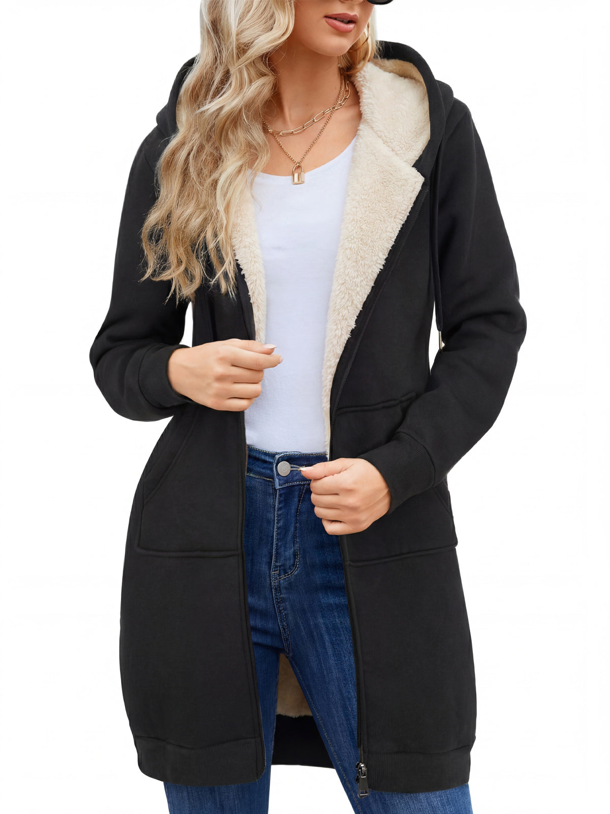 LVWQ Women's Long Sherpa Lined Hoodie Jacket Full Zip Fleece Sweatshirt Warm Hooded Coat with Pockets Winter Casual Tunic Outerwear