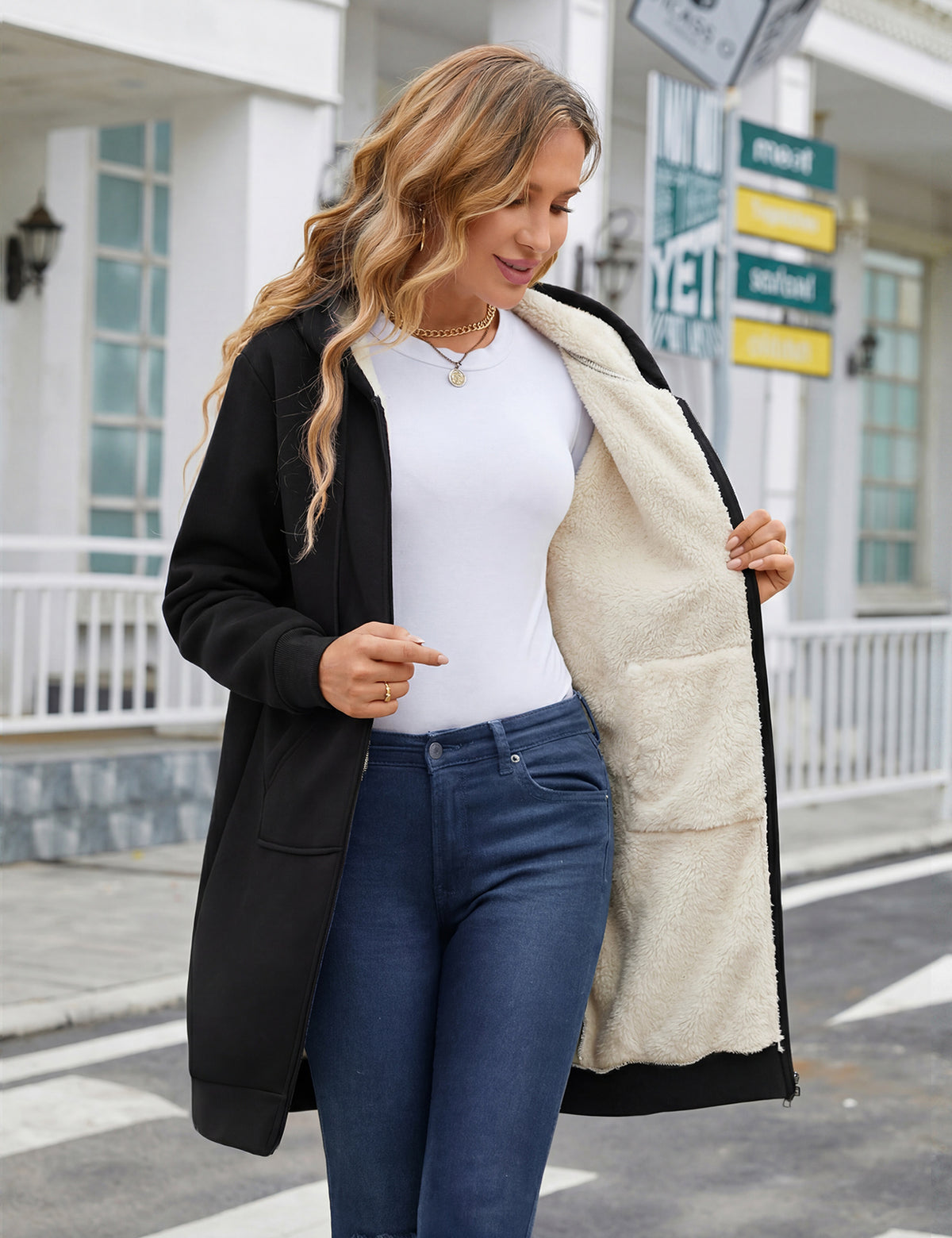 LVWQ Women's Long Sherpa Lined Hoodie Jacket Full Zip Fleece Sweatshirt Warm Hooded Coat with Pockets Winter Casual Tunic Outerwear