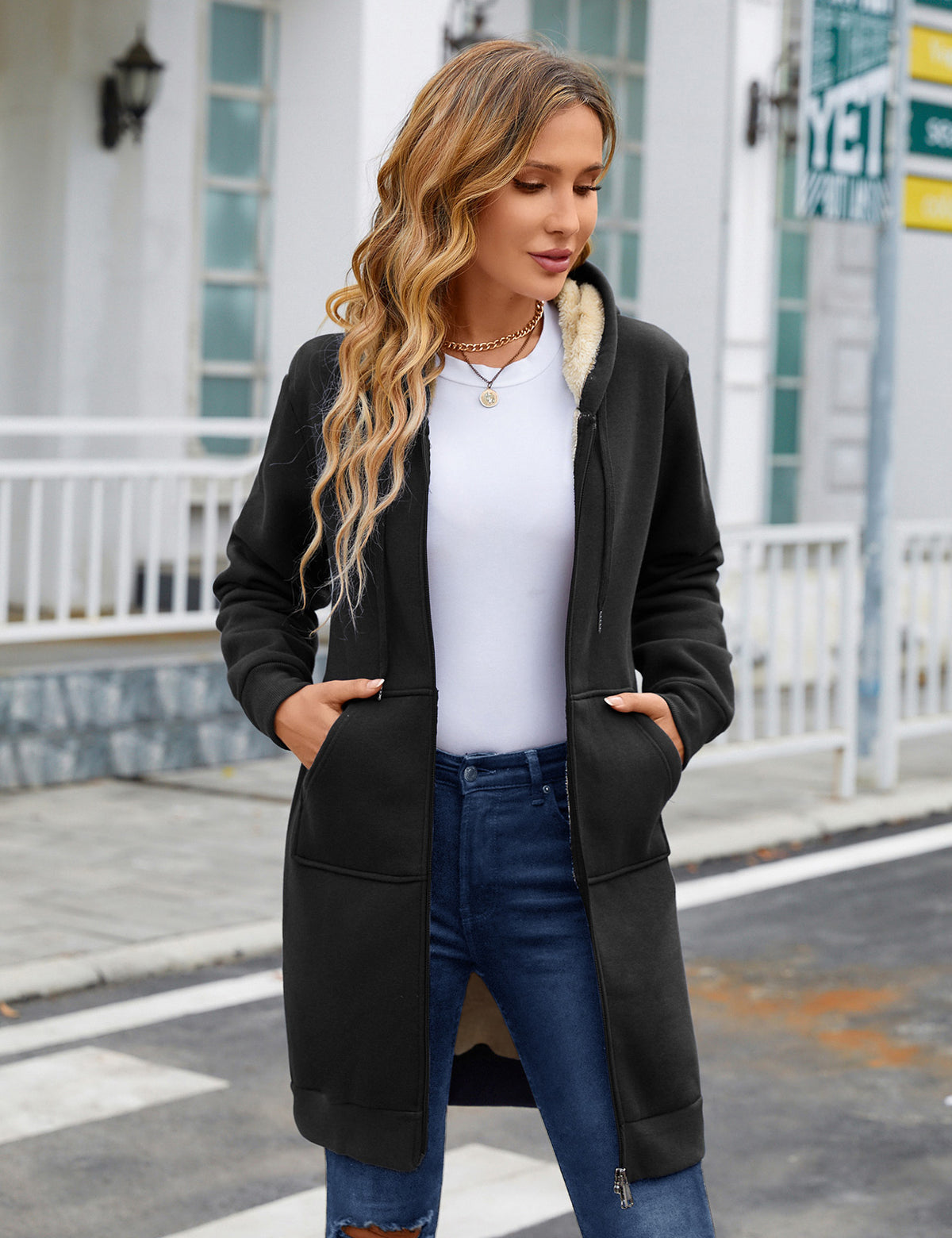 LVWQ Women's Long Sherpa Lined Hoodie Jacket Full Zip Fleece Sweatshirt Warm Hooded Coat with Pockets Winter Casual Tunic Outerwear