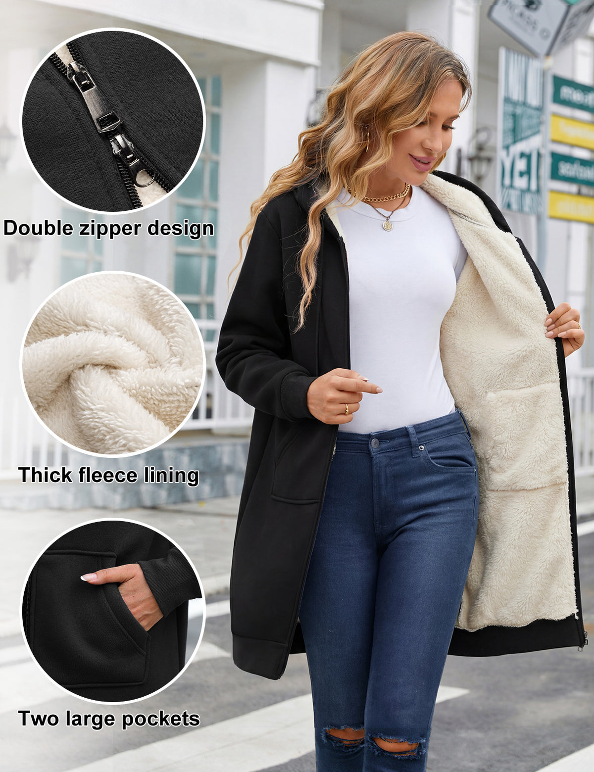LVWQ Women's Long Sherpa Lined Hoodie Jacket Full Zip Fleece Sweatshirt Warm Hooded Coat with Pockets Winter Casual Tunic Outerwear