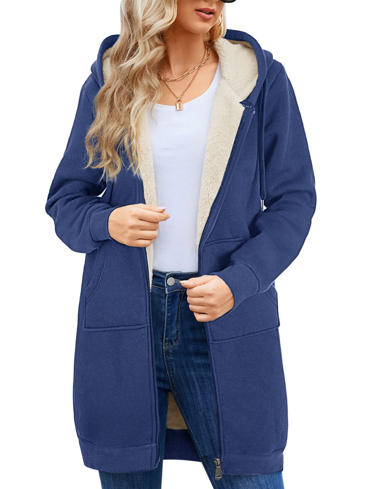 LVWQ Women's Long Sherpa Lined Hoodie Jacket Full Zip Fleece Sweatshirt Warm Hooded Coat with Pockets Winter Casual Tunic Outerwear