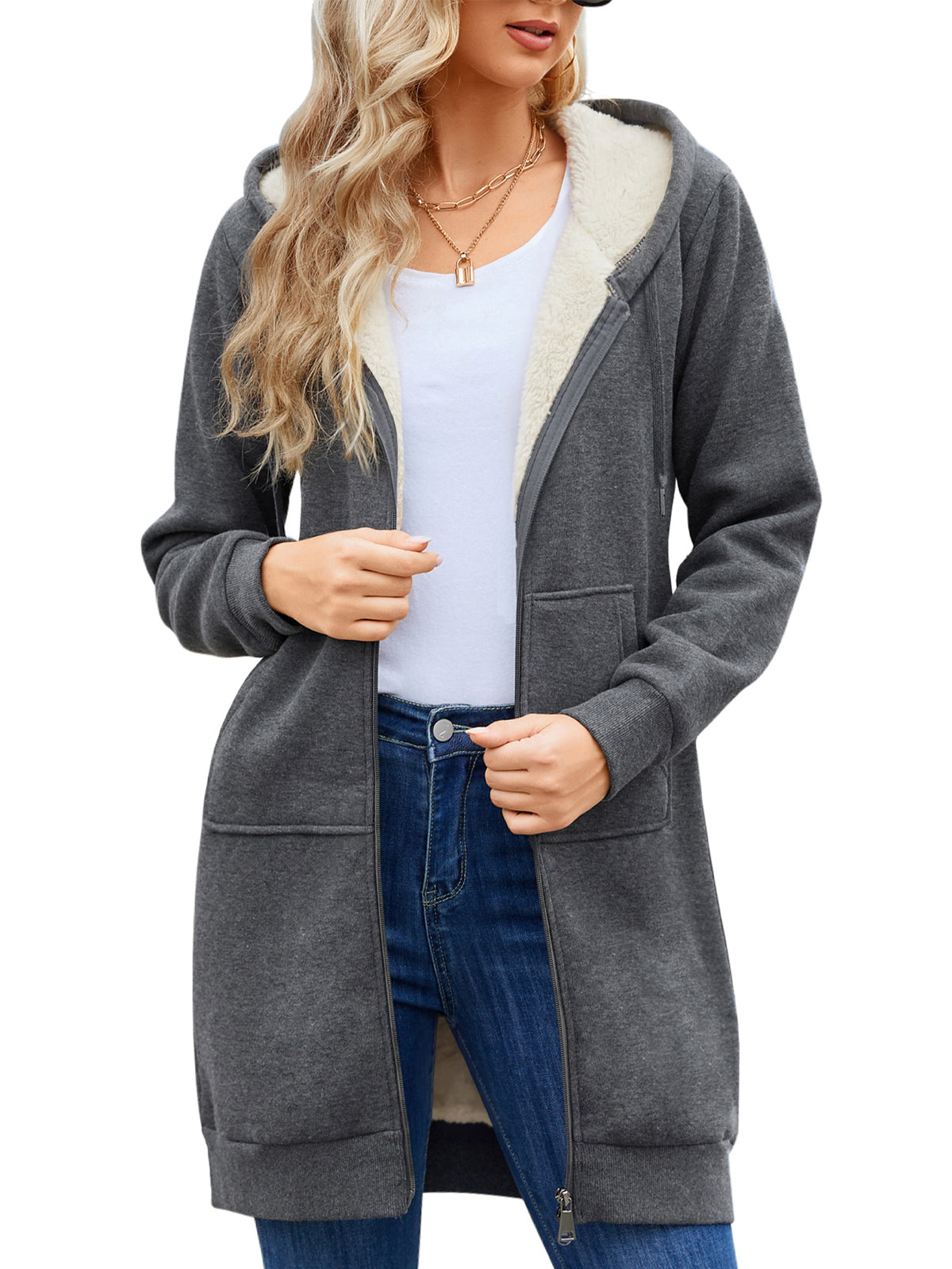 LVWQ Women's Long Sherpa Lined Hoodie Jacket Full Zip Fleece Sweatshirt Warm Hooded Coat with Pockets Winter Casual Tunic Outerwear