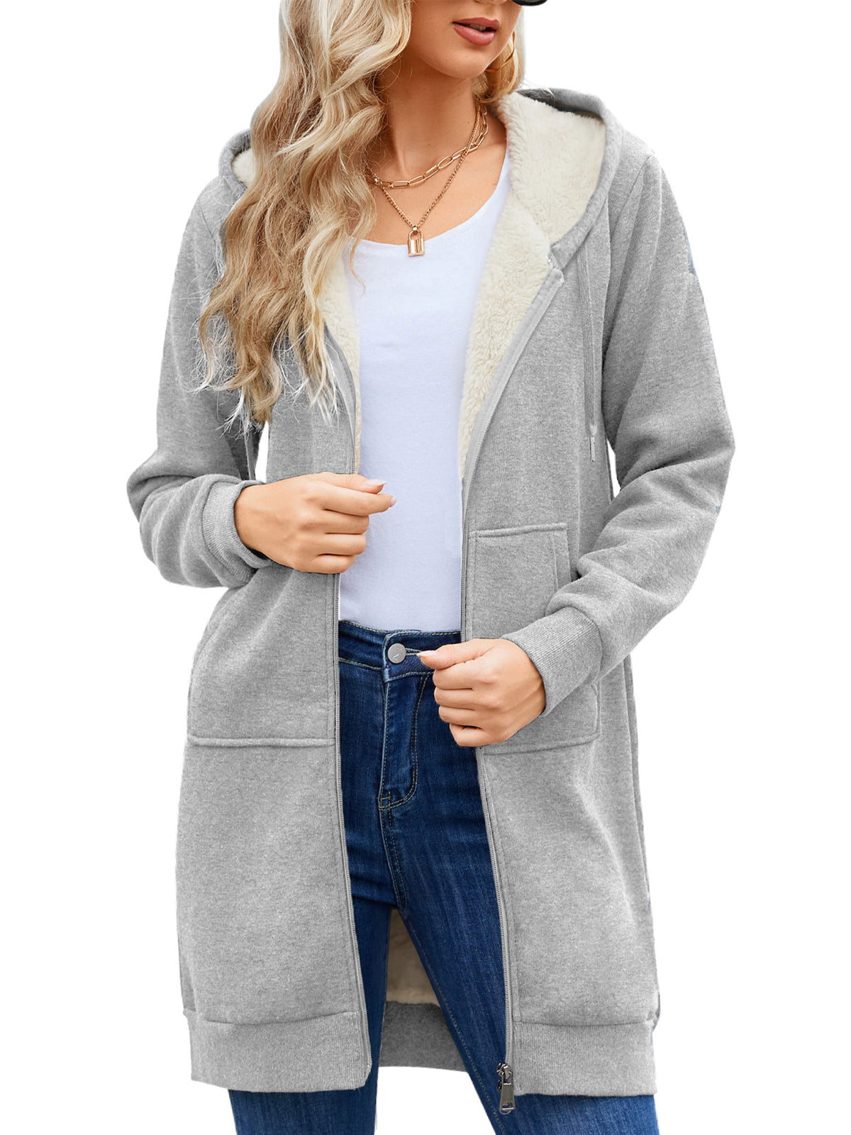 LVWQ Women's Long Sherpa Lined Hoodie Jacket Full Zip Fleece Sweatshirt Warm Hooded Coat with Pockets Winter Casual Tunic Outerwear