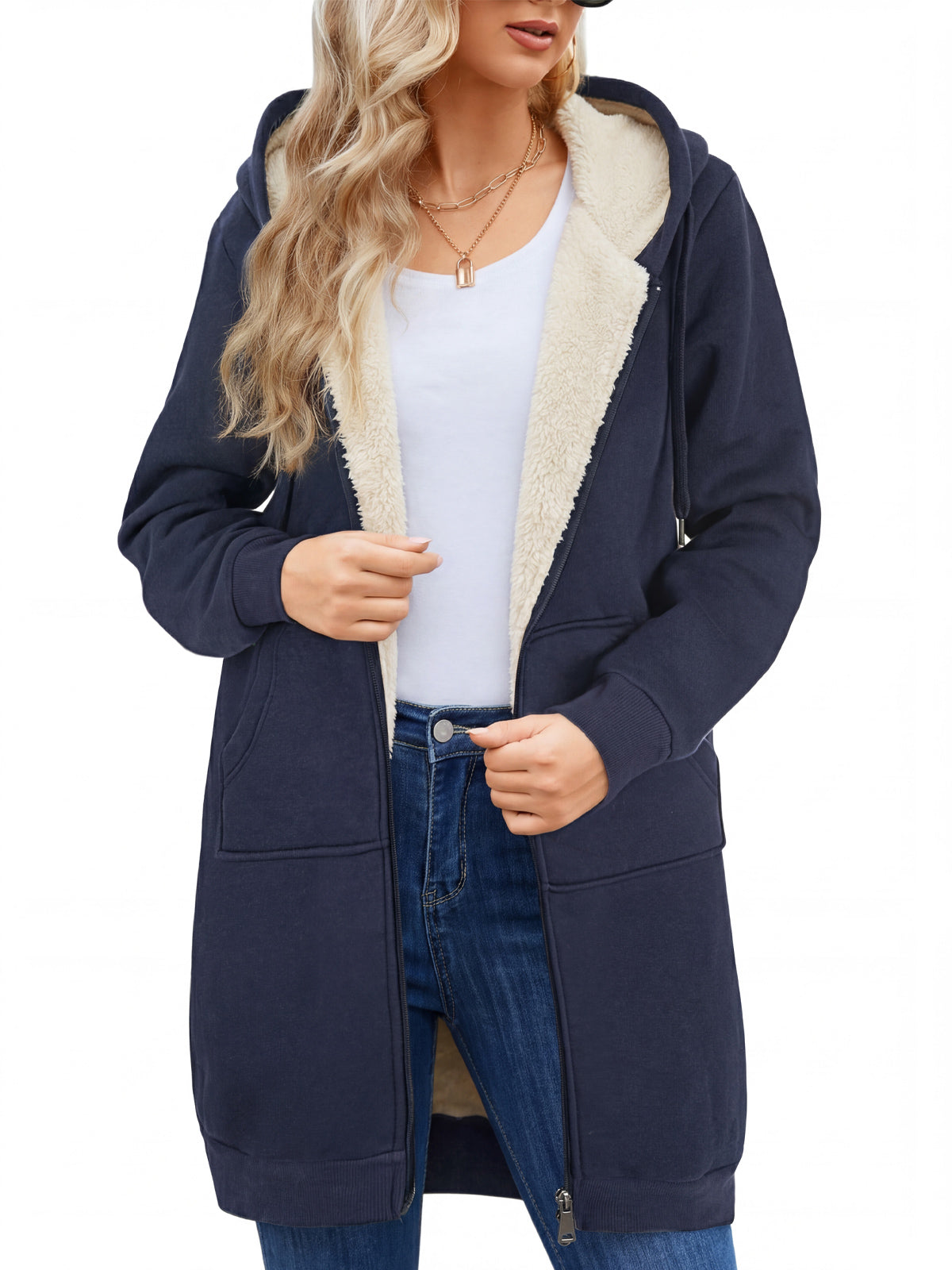LVWQ Women's Long Sherpa Lined Hoodie Jacket Full Zip Fleece Sweatshirt Warm Hooded Coat with Pockets Winter Casual Tunic Outerwear