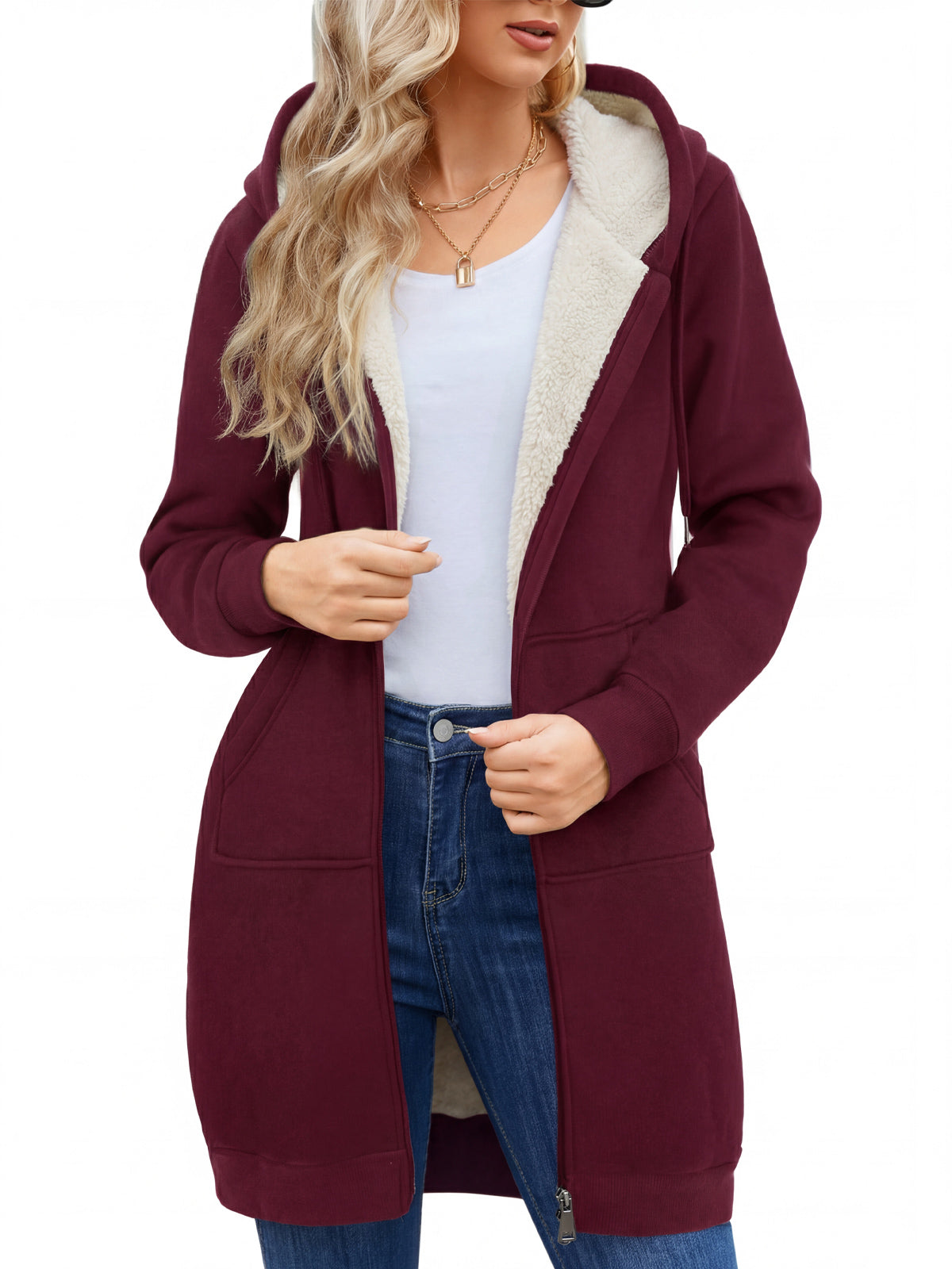 LVWQ Women's Long Sherpa Lined Hoodie Jacket Full Zip Fleece Sweatshirt Warm Hooded Coat with Pockets Winter Casual Tunic Outerwear