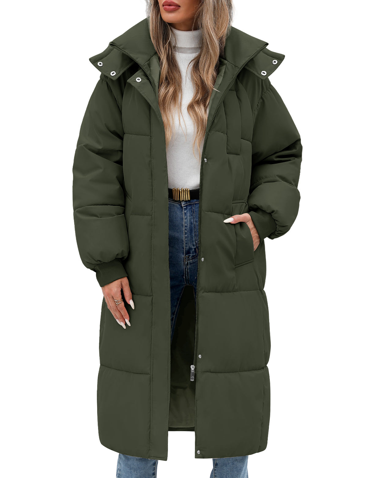 LVWQ Women's Long Puffer Coat Hooded Winter Jacket Quilted Full Length Warm Padded Parka with Pockets
