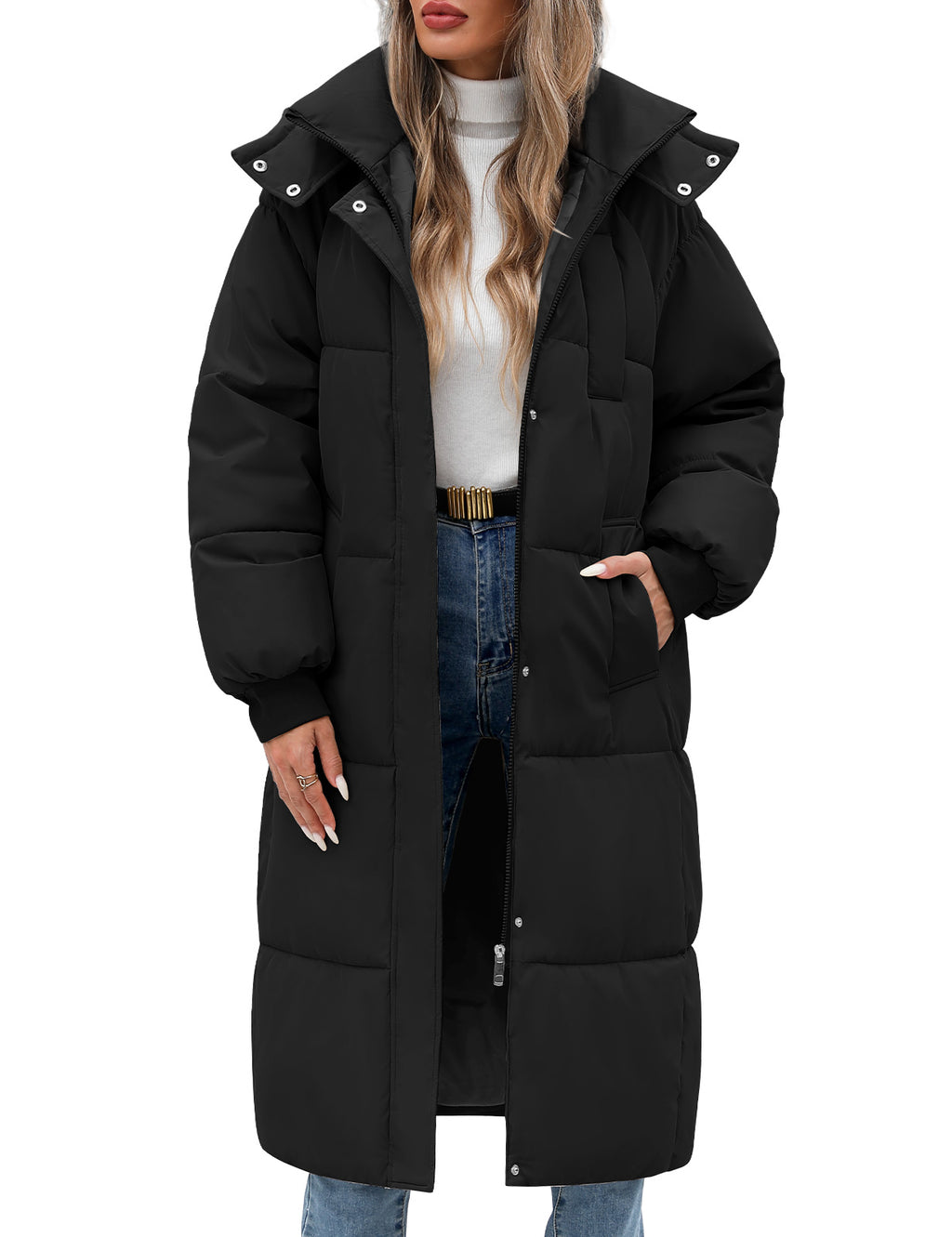 LVWQ Women's Long Puffer Coat Hooded Winter Jacket Quilted Full Length Warm Padded Parka with Pockets