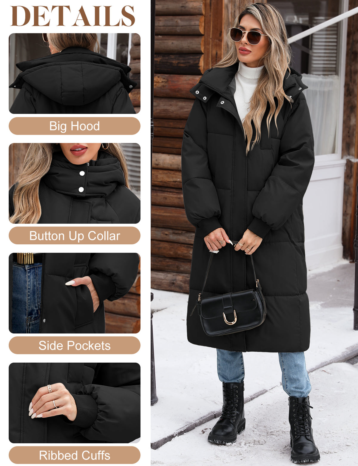 LVWQ Women's Long Puffer Coat Hooded Winter Jacket Quilted Full Length Warm Padded Parka with Pockets
