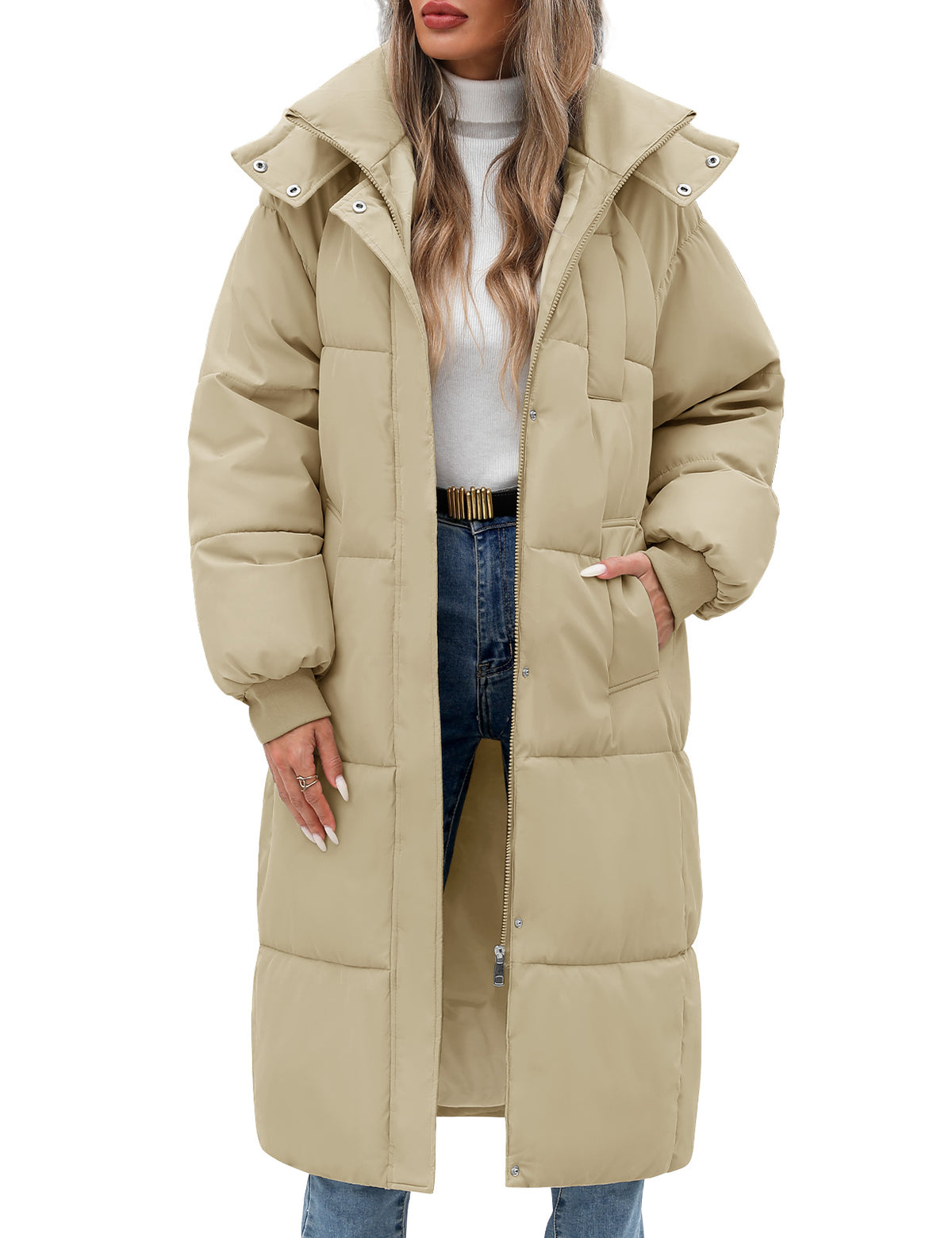 LVWQ Women's Long Puffer Coat Hooded Winter Jacket Quilted Full Length Warm Padded Parka with Pockets