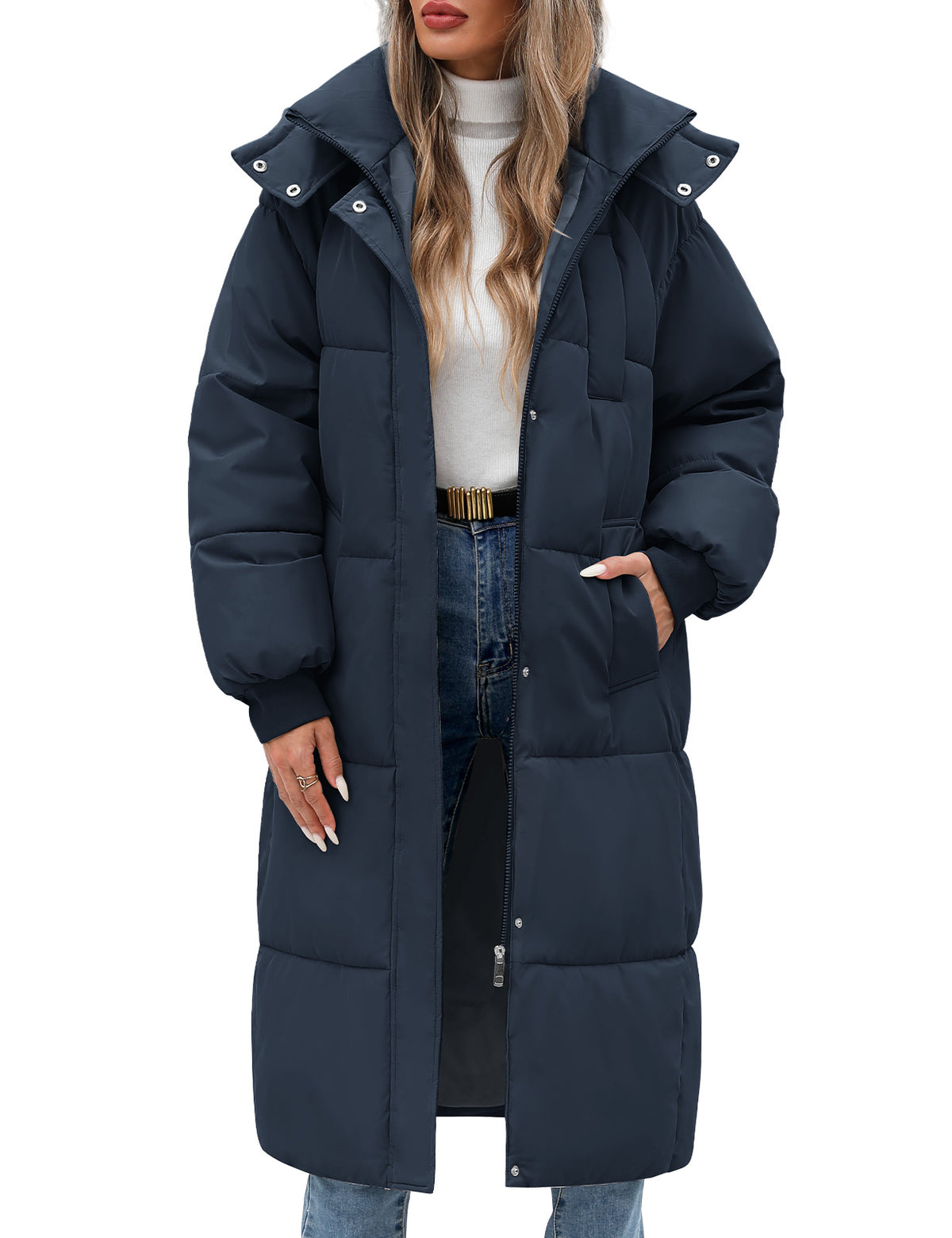 LVWQ Women's Long Puffer Coat Hooded Winter Jacket Quilted Full Length Warm Padded Parka with Pockets