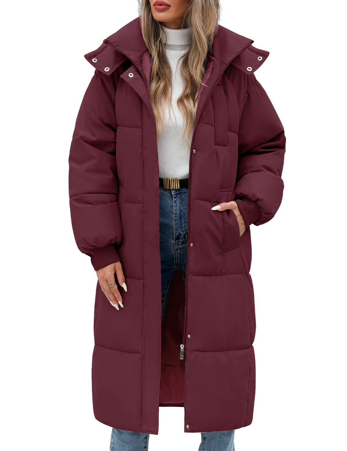 LVWQ Women's Long Puffer Coat Hooded Winter Jacket Quilted Full Length Warm Padded Parka with Pockets