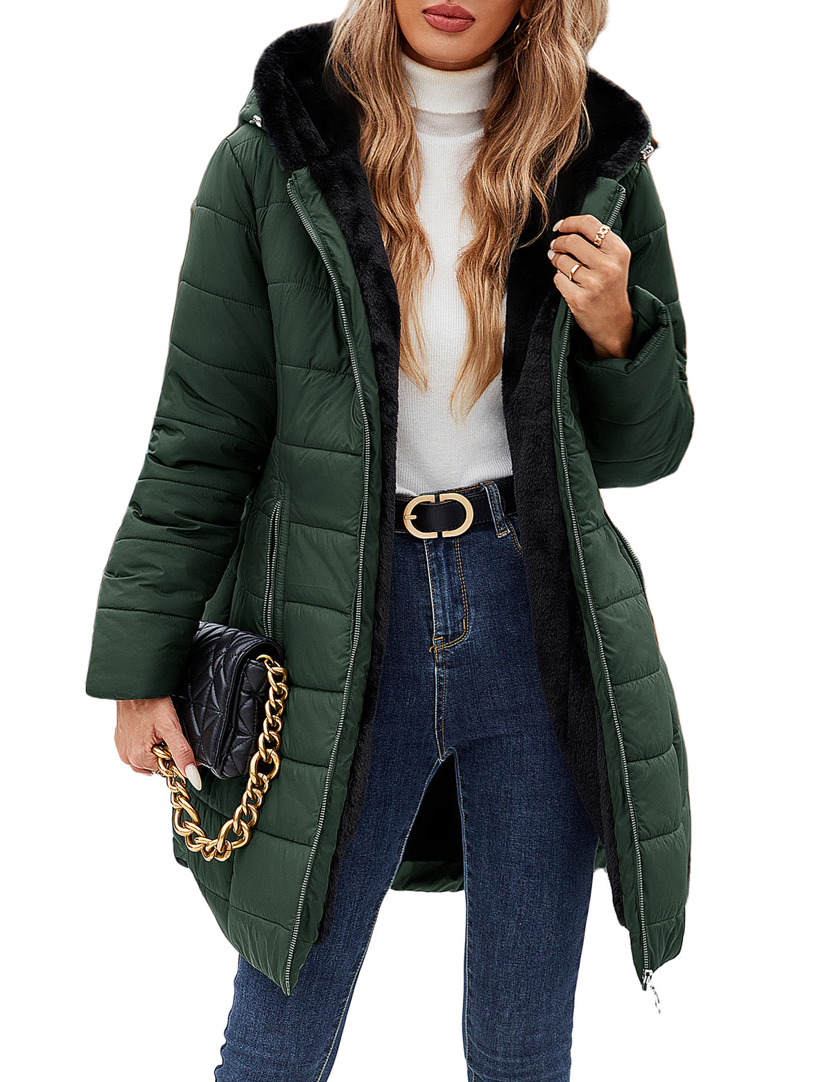 LVWQ Women's Long Winter Puffer Coat Hooded Water-Resistant Quilted Jacket Soft Rabbit Fleece Lined Warm Thick Parka Zip Up Outerwear