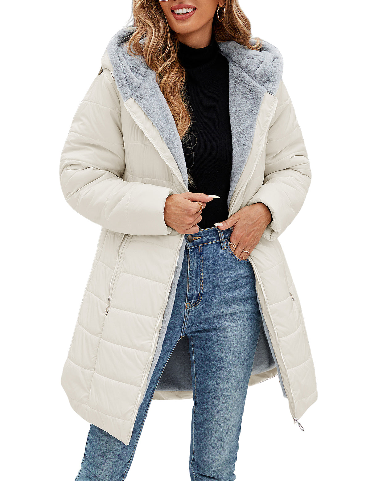 LVWQ Women's Long Winter Puffer Coat Hooded Water-Resistant Quilted Jacket Soft Rabbit Fleece Lined Warm Thick Parka Zip Up Outerwear