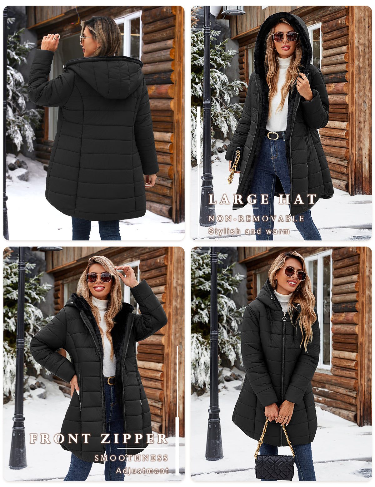 LVWQ Women's Long Winter Puffer Coat Hooded Water-Resistant Quilted Jacket Soft Rabbit Fleece Lined Warm Thick Parka Zip Up Outerwear