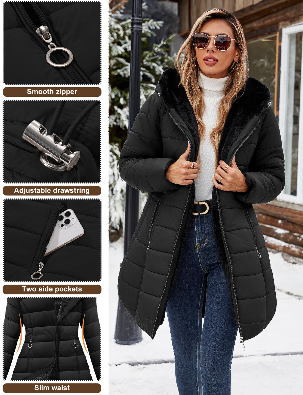 LVWQ Women's Long Winter Puffer Coat Hooded Water-Resistant Quilted Jacket Soft Rabbit Fleece Lined Warm Thick Parka Zip Up Outerwear