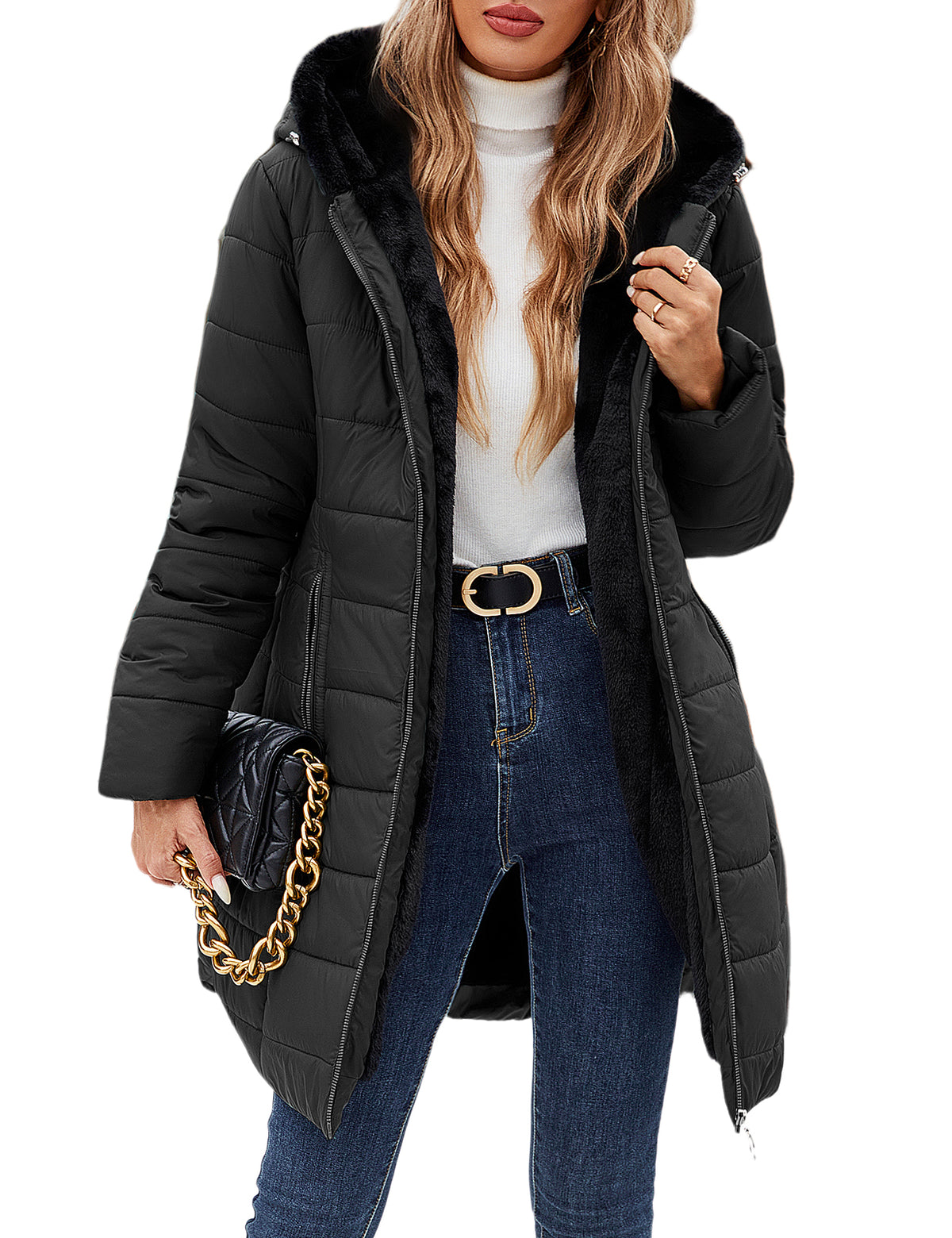 LVWQ Women's Long Winter Puffer Coat Hooded Water-Resistant Quilted Jacket Soft Rabbit Fleece Lined Warm Thick Parka Zip Up Outerwear