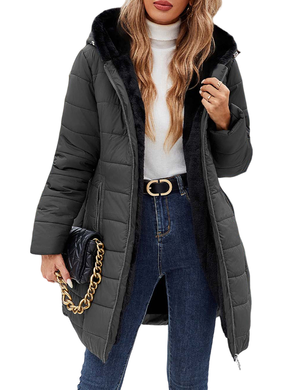 LVWQ Women's Long Winter Puffer Coat Hooded Water-Resistant Quilted Jacket Soft Rabbit Fleece Lined Warm Thick Parka Zip Up Outerwear