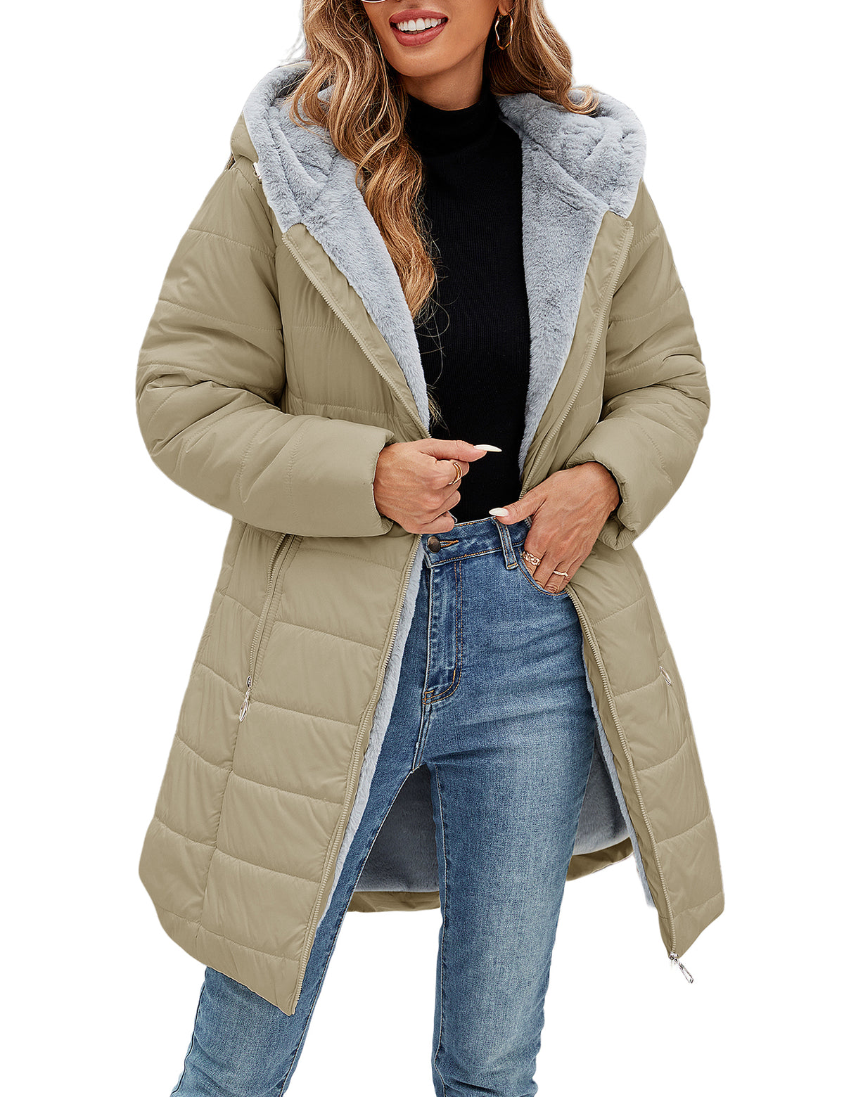 LVWQ Women's Long Winter Puffer Coat Hooded Water-Resistant Quilted Jacket Soft Rabbit Fleece Lined Warm Thick Parka Zip Up Outerwear