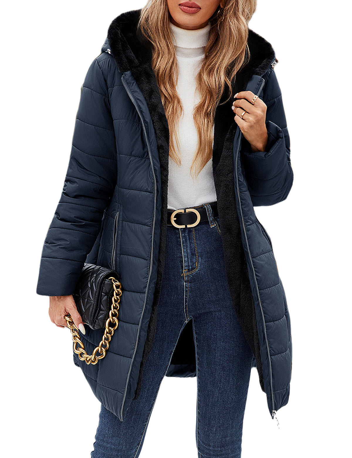 LVWQ Women's Long Winter Puffer Coat Hooded Water-Resistant Quilted Jacket Soft Rabbit Fleece Lined Warm Thick Parka Zip Up Outerwear