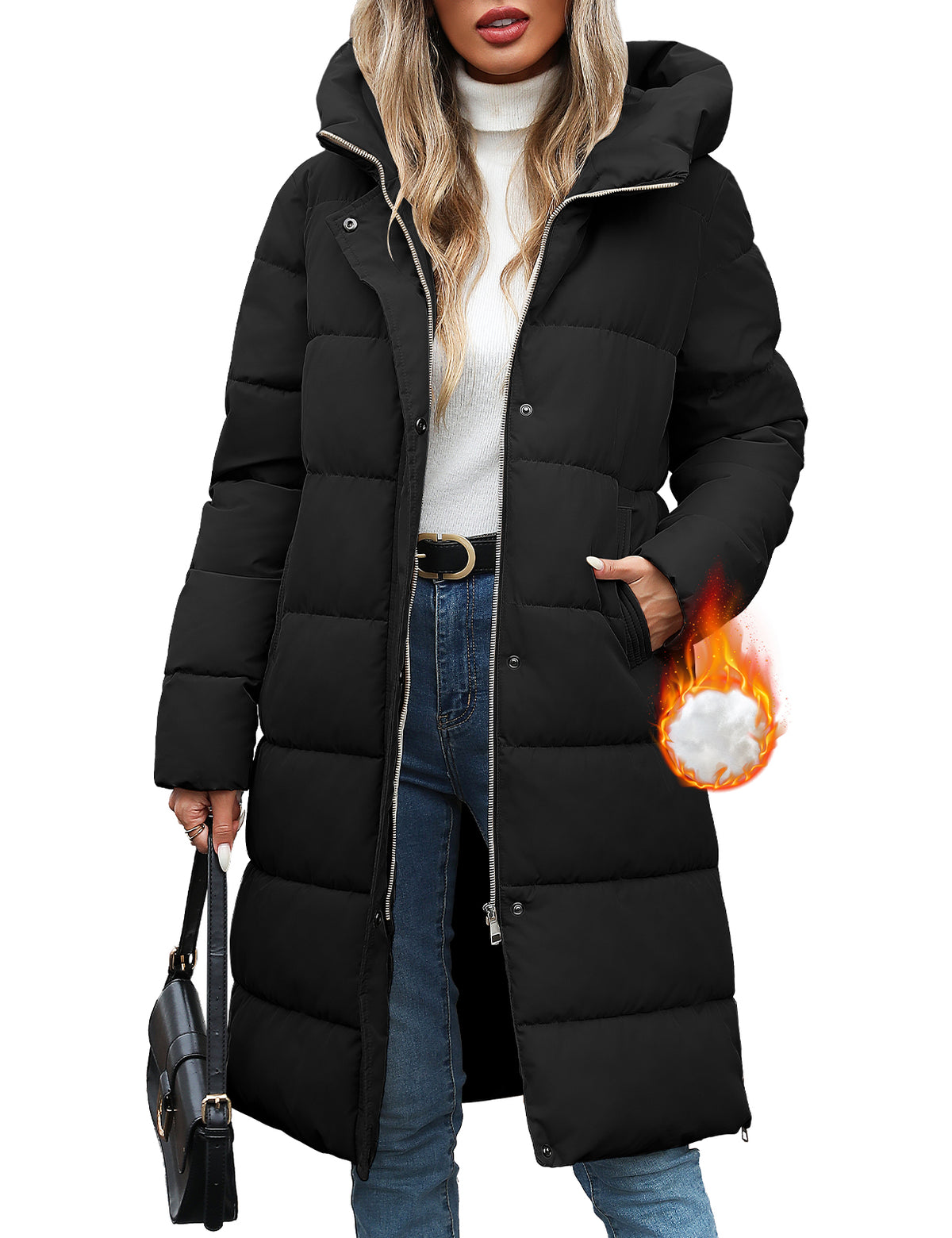 LVWQ Women's Long Puffer Coat Hooded Winter Jacket Thick Quilted Warm Parka with Side Zippers and Pockets