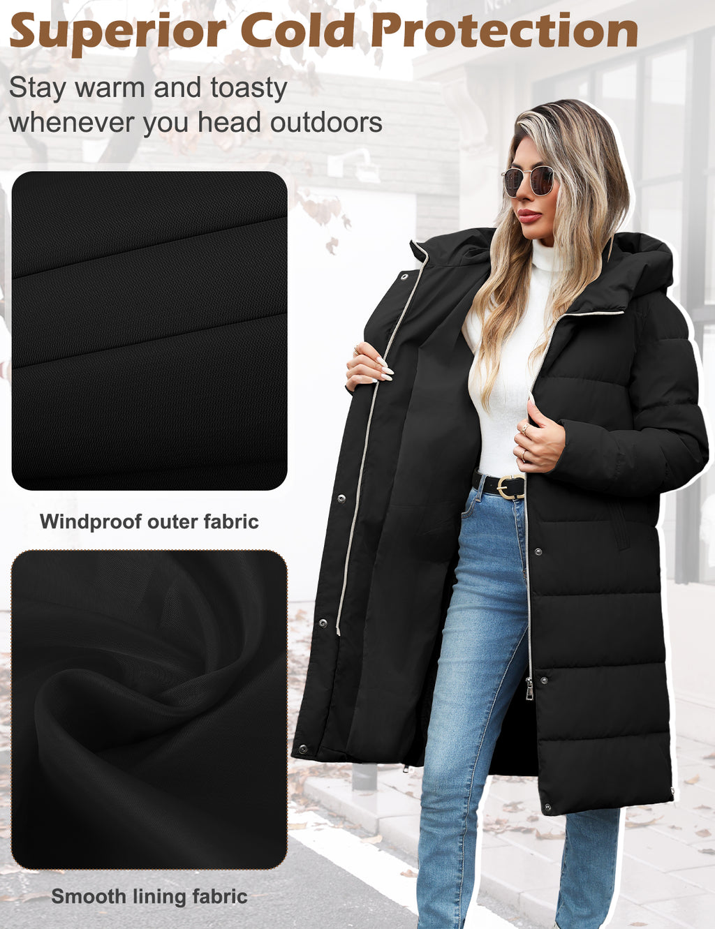 LVWQ Women's Long Puffer Coat Hooded Winter Jacket Thick Quilted Warm Parka with Side Zippers and Pockets